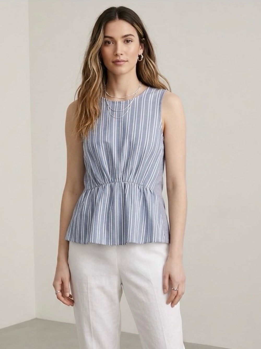 J Crew Striped Chambray Top Peplum Sleeveless Blue White Cotton XXS